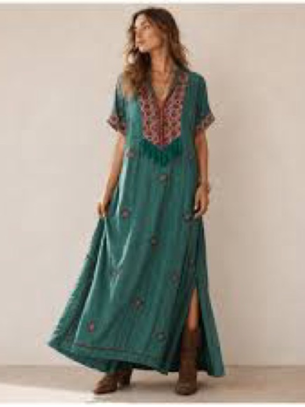 Sundance Teal Embroidered Boho Maxi Dress